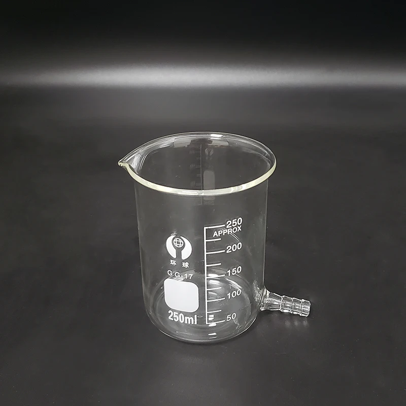 

Beaker in low form with Lower tube,Capacity 250ml,Beaker with tubules,Outer diameter=70mm,Height=95mm,Laboratory beaker