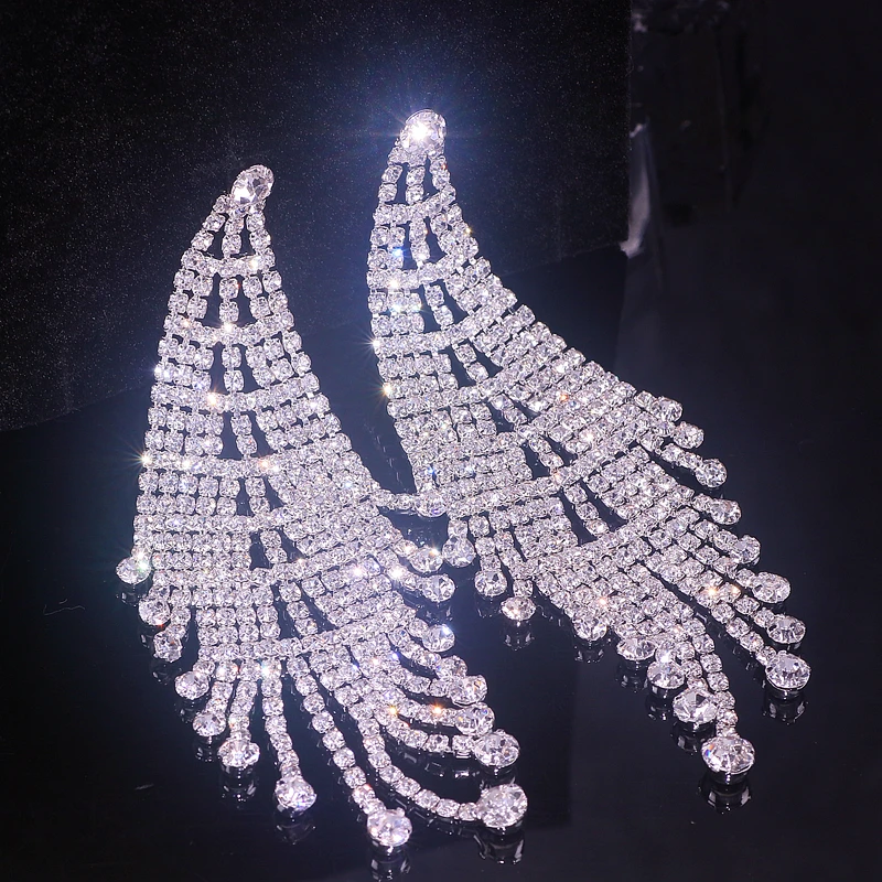 Classic Crystal Earrings Long Tassel Drop Earrings for Women Shiny Full Rhinestone Big Dangle Earrings Wedding Jewelry Gifts