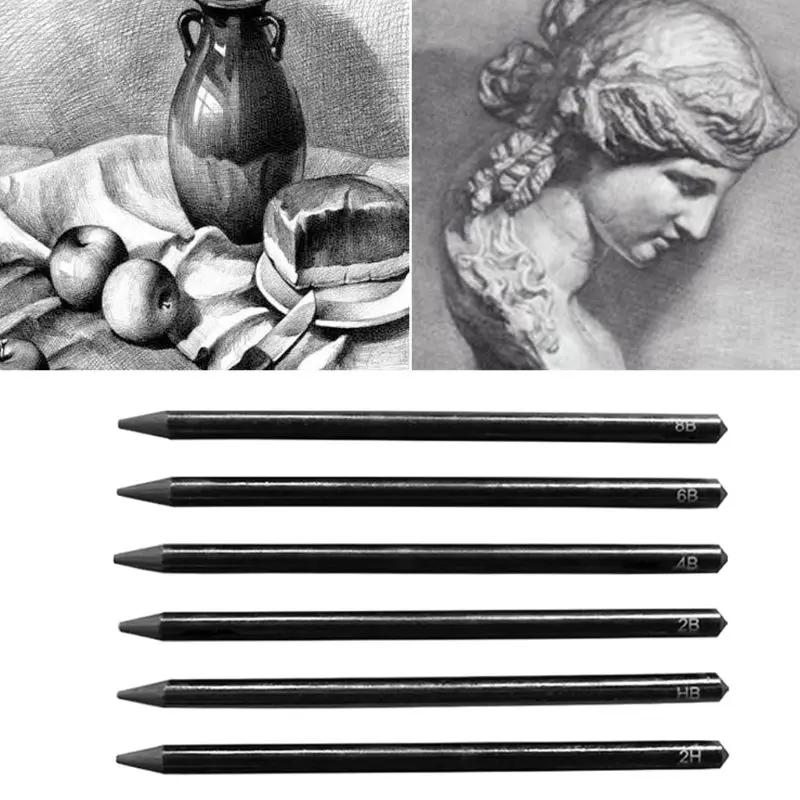 

6 Pcs Professional Pure Carbon Sketch Pens 2H/HB/2B/4B/6B/8B Woodless Charcoal Pencil Set Drawing Tool Painting Supplies