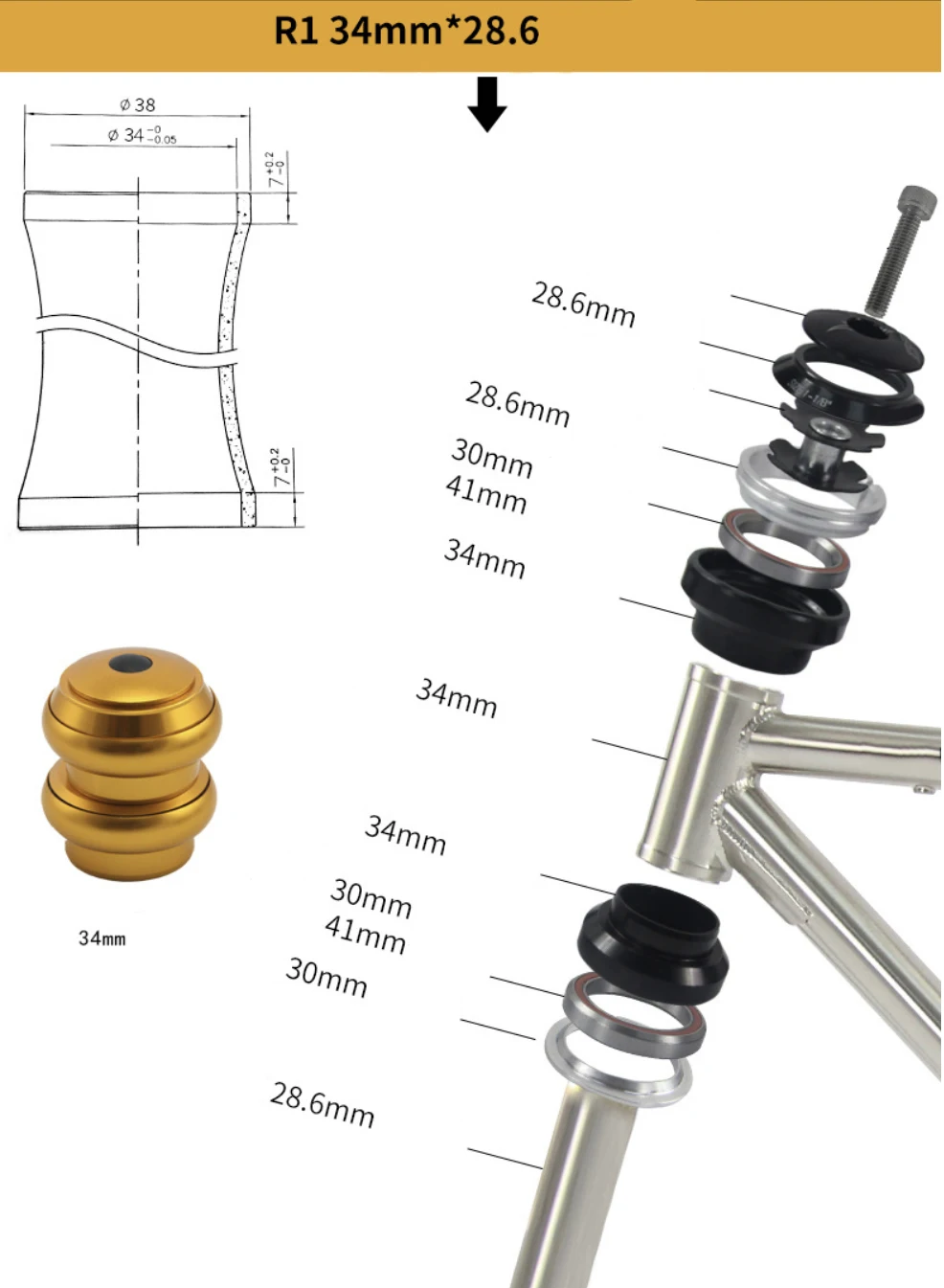 Mountain Bike Road Bike CNC Threadless External Headset Bike Headsets 34mm steering Sealed Cartridge Bearings Stem taper Column