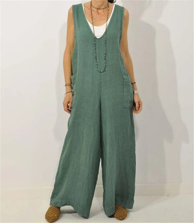 Ladies Onesie Pants Trousers Loose Casual Female Women Sleeveless V-Neck One-Piece Wide Leg Romper Overalls Jumpsuits Streetwear