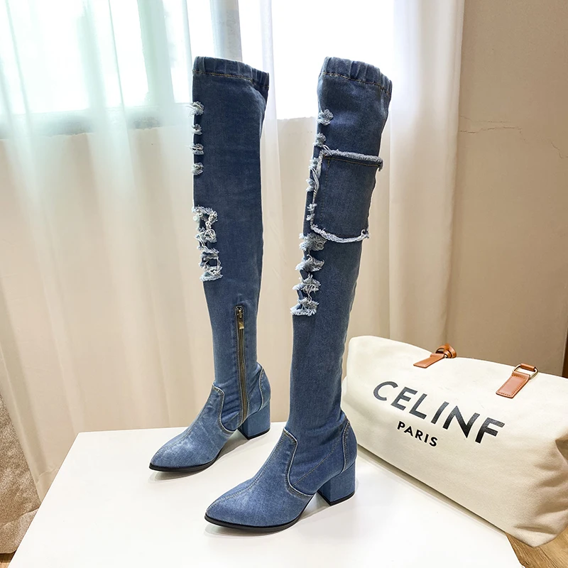 2024 New Women Thigh High Boots Pointed Toe Chunky High Heel Over the Knee Boots Slim Fit Jean Botas Mujer Elastic Denim Shoes