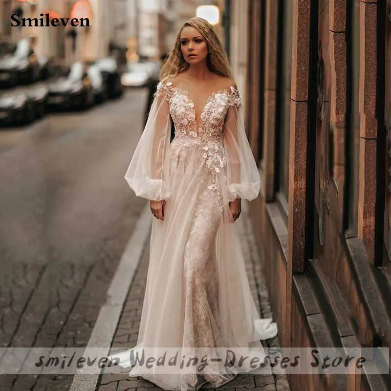 Smileve Prinses Trouwjurk Bladerdeeg Mouw Boho Bruid Jurken Met 3D Bloemen Bruidsjurken Kant Applicaties Vestido De Novia