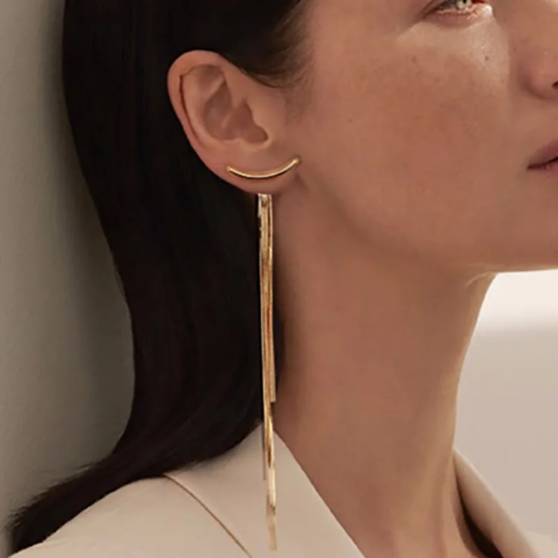 Unique Korean Vintage Glossy Arc Bar Long Thread Tassel Drop Earrings for Women Geometric Fashion Jewelry Hanging Pendientes