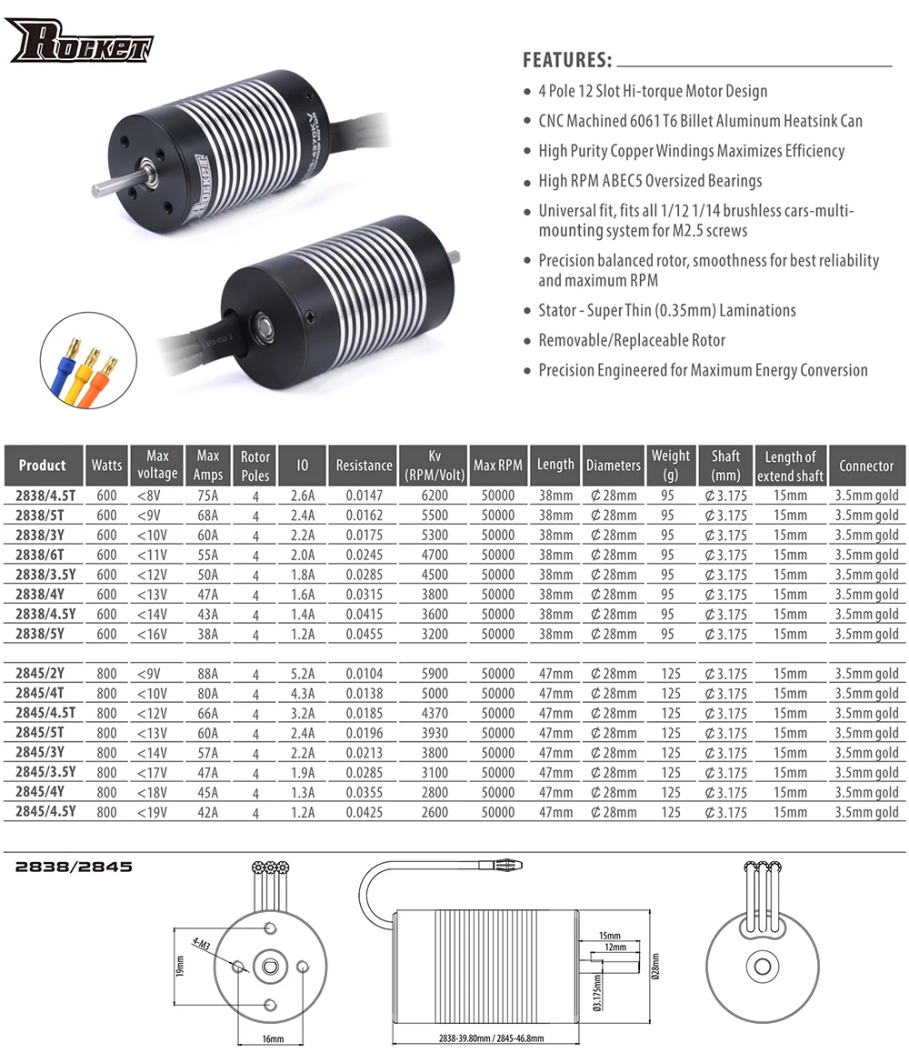 Rocket 2845 Waterproof Brushless Sensorless Motor 3100KV 3800KV 4370KV 5000KV for 1/12 1/14 2S RC Car and 3S Racing Car