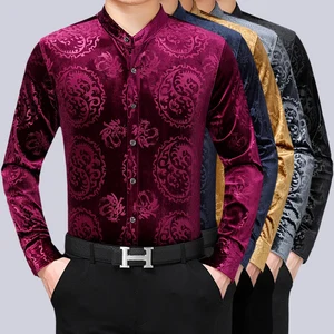 Осенняя мужская бархатная рубашка с воротником мандарина, модная мужская рубашка с длинными рукавами и золотым бархатным платьем