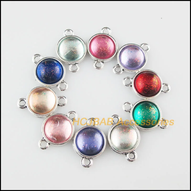 10 New Round Charms Connectors Mirage Mixed Resin Cirlce Pendants Tibetan Silver Tone 12x19mm