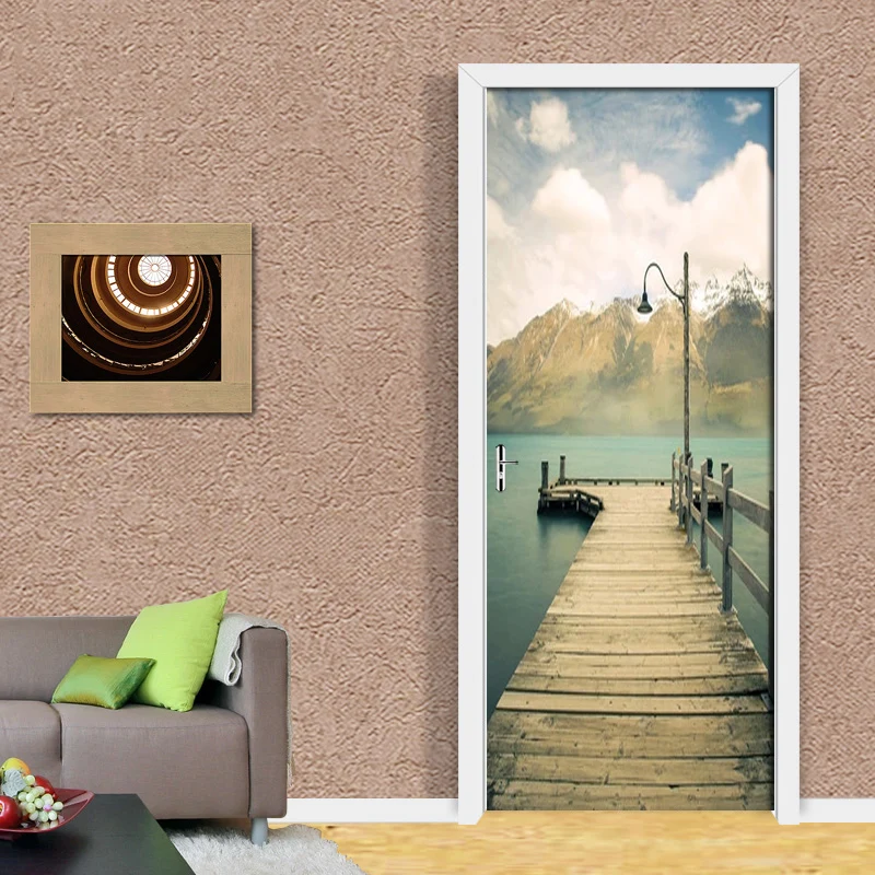 

New Wall Decals Door Mural Seaside Wooden Bridge Scenery Door Sticker DIY Self-adhesive Waterproof Wallpaper Poster Home Decor