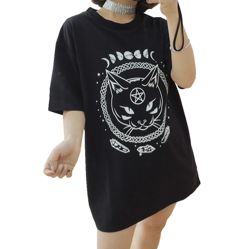 Dreamchase-JF Gothic Moon Phase Witchcraft Cat Printed Female Harajuku T-Shirt Short Sleeve Women Tops Loose Summer T Shirt