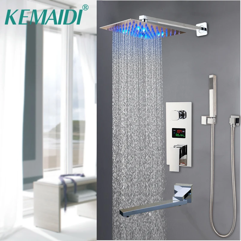 

KEMAIDI LCD Digital Display Bath Shower Faucet Embedded Box Triple Valve Shower Head Rotation Spout Concealed Bath Faucets