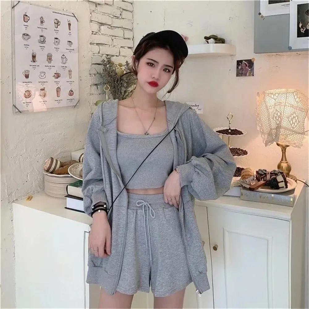 Women Summer Sports 3pcs Set Hooded Solid Casual Zipper Jacket+Short Halter Top+High Waist Drawstring Shorts Plus Size 2XL Suit