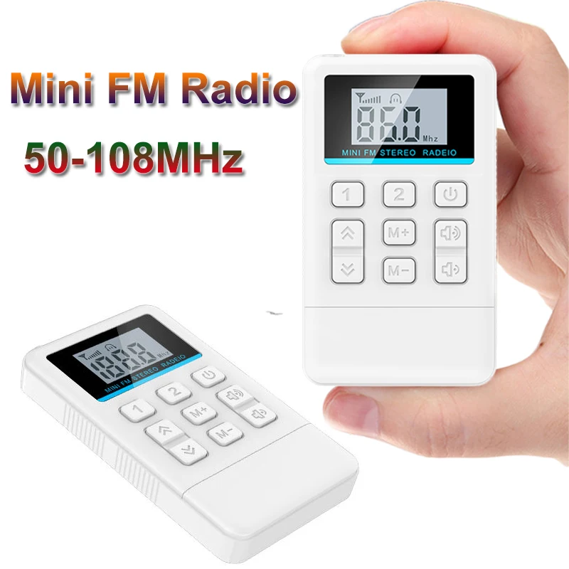Receptor portátil de rádio estéreo FM mini com display LED, suporta desligar a memória, Professional Inglês Hearing Learning, 50-108MHz