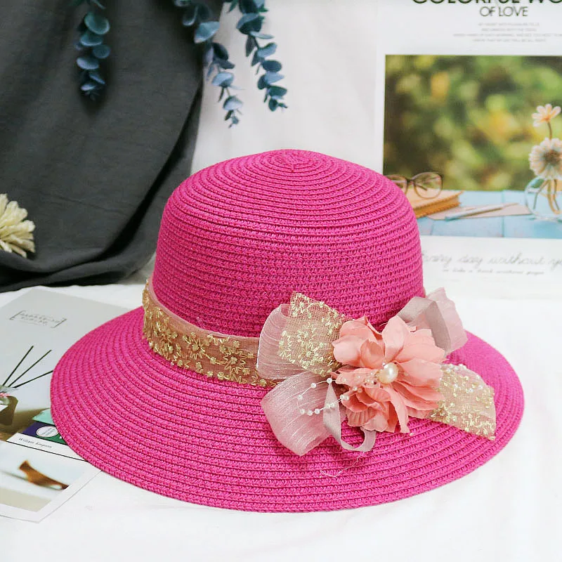 Fashion Mother Daughter Hat Lady Wide Large Brim Floppy Summer Beach Sun Straw Hat Cap with flower Free Shipping