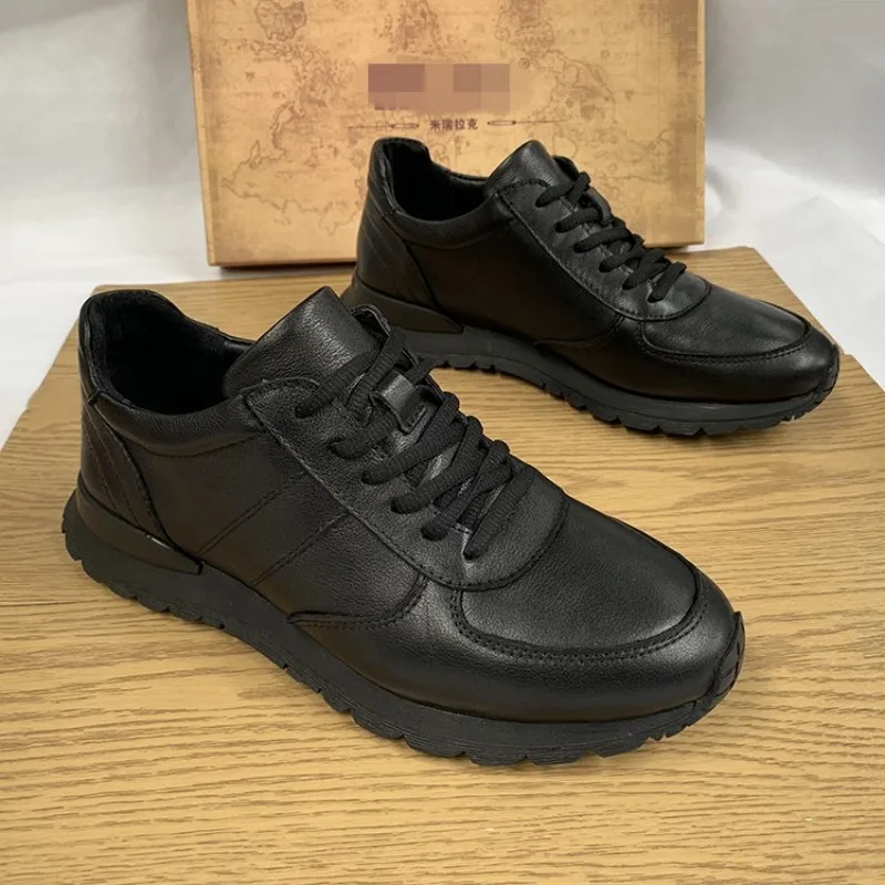 Brand Men Genuine Leather Cowhide Flat Sneakers Black Lace Up Outdoor Running Sport Shoes Comfortable Business Bullock Shoes