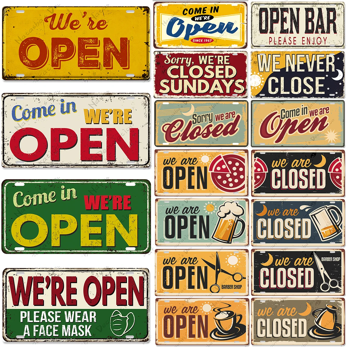 Retro OPEN Sign CLOSE Sign Metal Sign Vintage Poster Metal Plaque Pub Club Bar Home Cafe Restaurant Signs Industrial Decoration