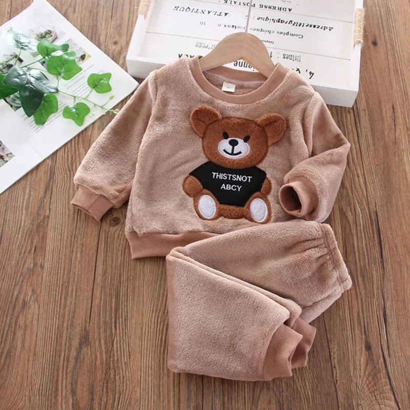 Fashion Infant Clothing Winter Flannel Baby Warm Suit Casual Baby Girls Clothes Cartoon Sweater+Pants 2pcs Boys Pajamas Set