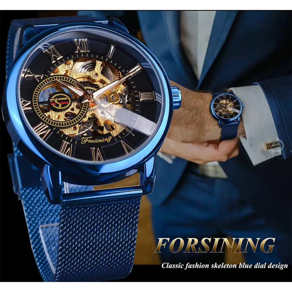 Forsining 3D Skeleton Royal Retro Design Blue Steel Mesh Band Golden Movement Men Mechanical Male Wrist Watches Top Brand Luxury