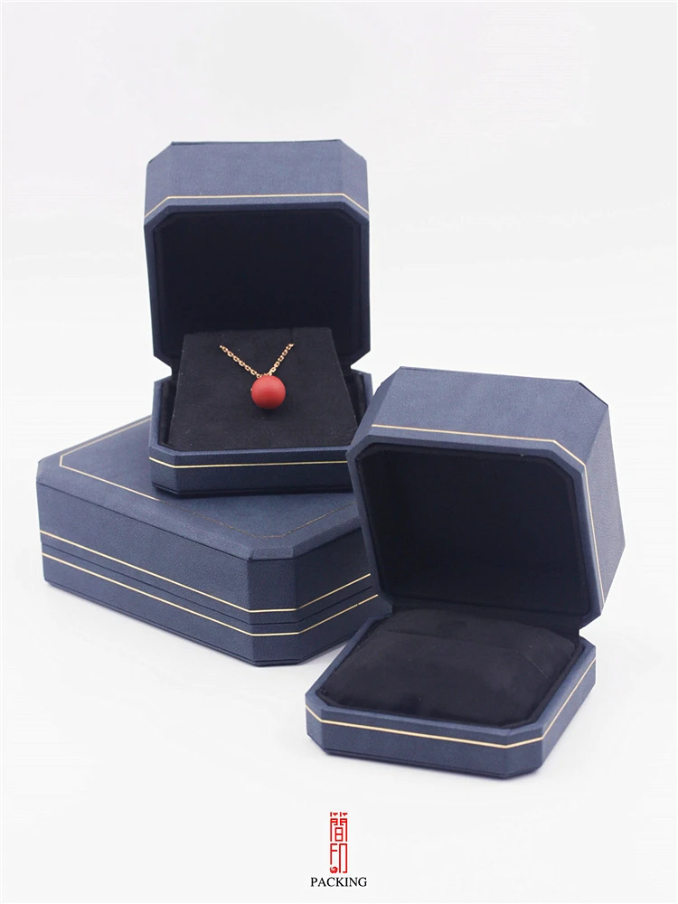 Boutique Blauwe Kleur Achthoekige Sieraden Verpakking Dozen Met Gouden Sideline Ring Hanger Case Mooie Ketting Box Groothandel