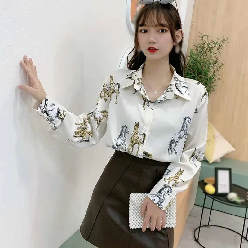 Chic Animal Horse Print Women Long Sleeve Shirt Spring Retro Hong Kong Style Design Niche Satin Blouse