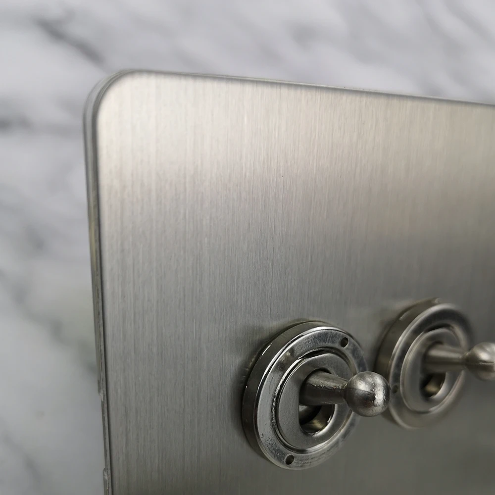 Wallpad Silver 2 Gang 2 Buttons Toggle Switch Electric Light Switch Satin Chrome Brushed Stainless Steel Panel