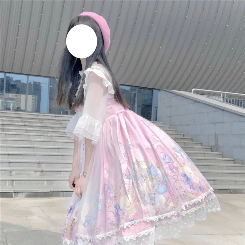 Japanese Lolita sweet bear strap  dress female summer bowknot cute printing high waist princess victorian dress kawaii girl goth