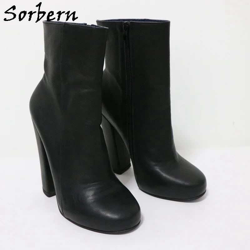 Sorbern Black Ankle Boots Women Real Leather Short Booties Unisex Side Zipper Block High Heels Round Toe