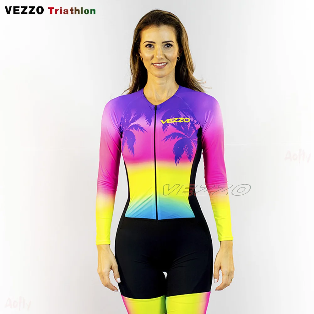 

Vezzo Women's Cycling Overalls Jumpsuit Long Sleeve Set Bike Shirts Maillot Ropa Ciclismo Triathlon Red Clothing Short Gel Pants