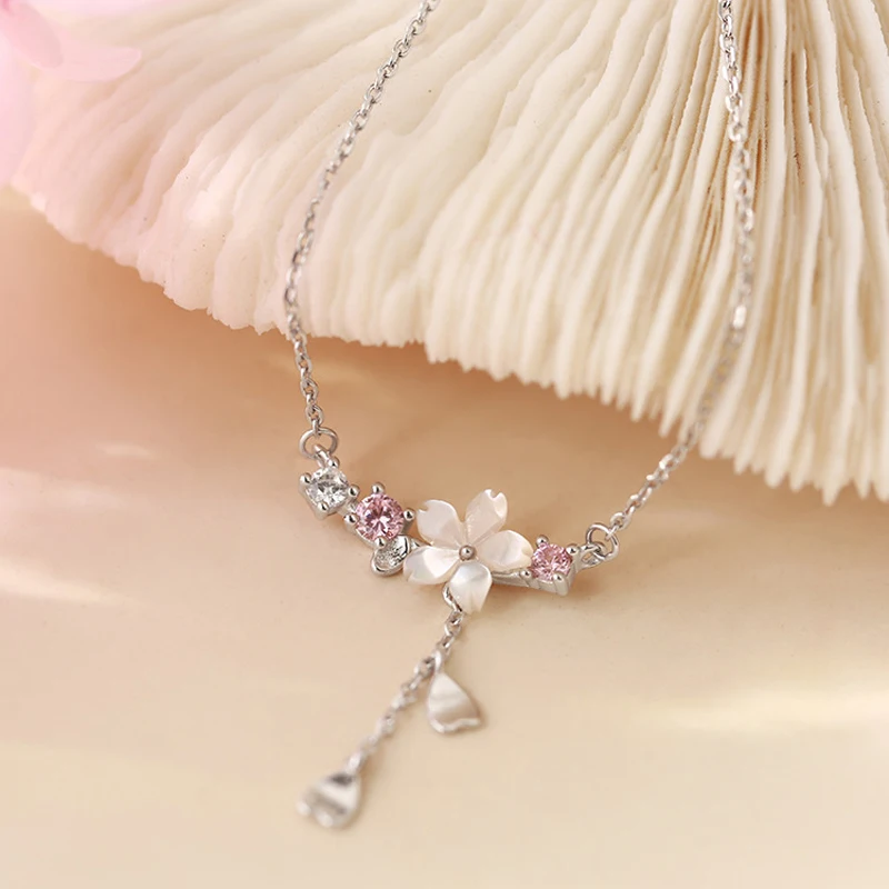 VENTFILLE Silver Color Cherry Flower Shell Long Tassel Necklace for Women Sweet Heart Pendant Clavicle Chain Jewelry Dropship