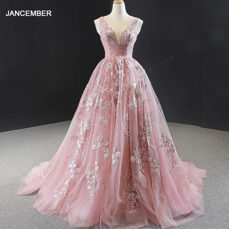 J66971 jancember evening gowns pink v neck sleeveless lace up flower lace women evening dress A-line robe de soirée femme longue