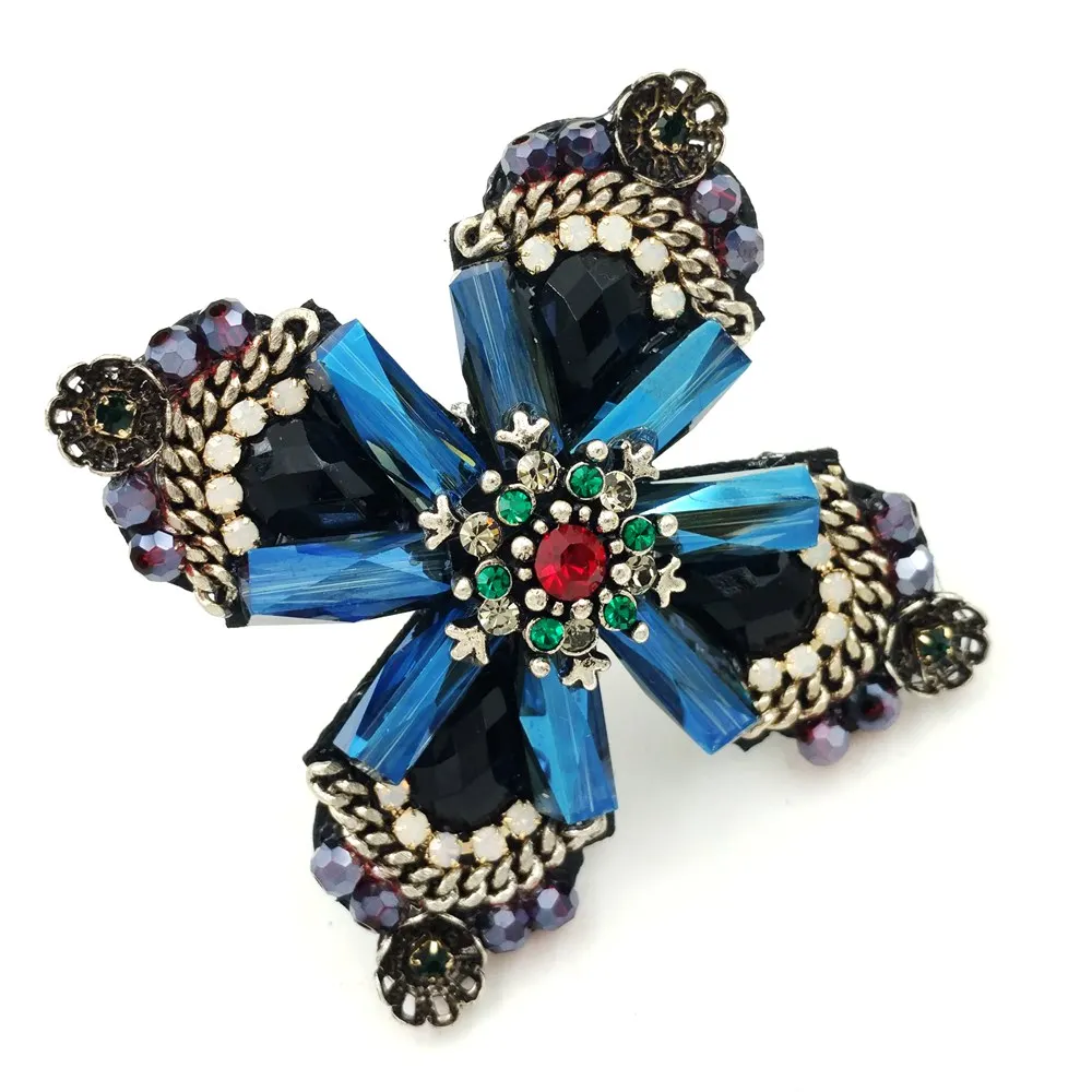 Retro Vintage Dark Blue Crystal Rhinestone Cross Style Flower Brooches Gold Tone Faceted Four Petal Flower Pins for Women Suit