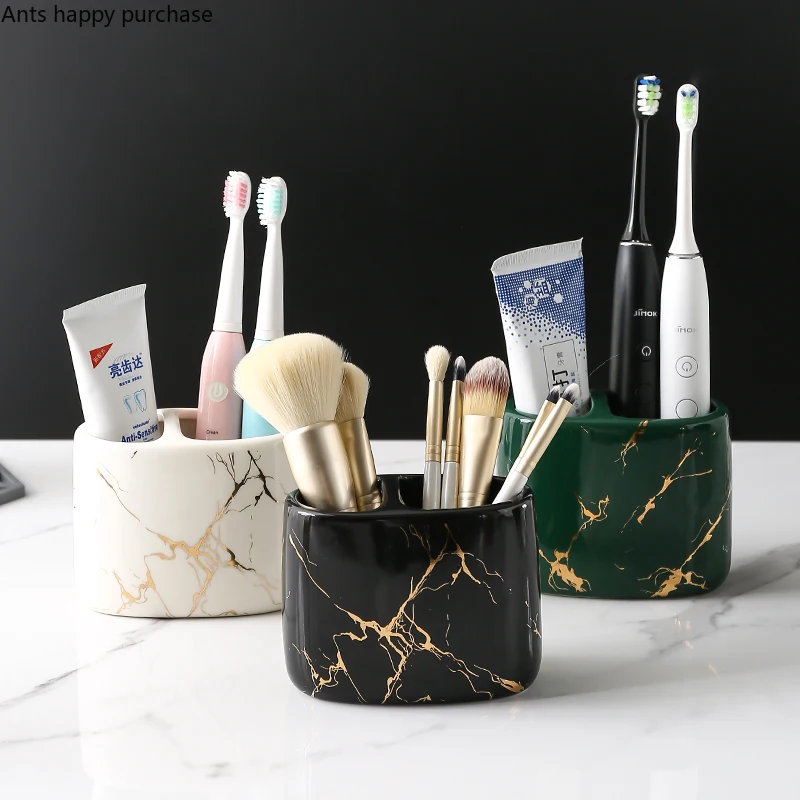 Toothpaste Toothbrush Holder Marbling Ceramics Bathroom Toothbrush Cup Multifunction Toothbrush Barrel Bathroom Supplies Rack