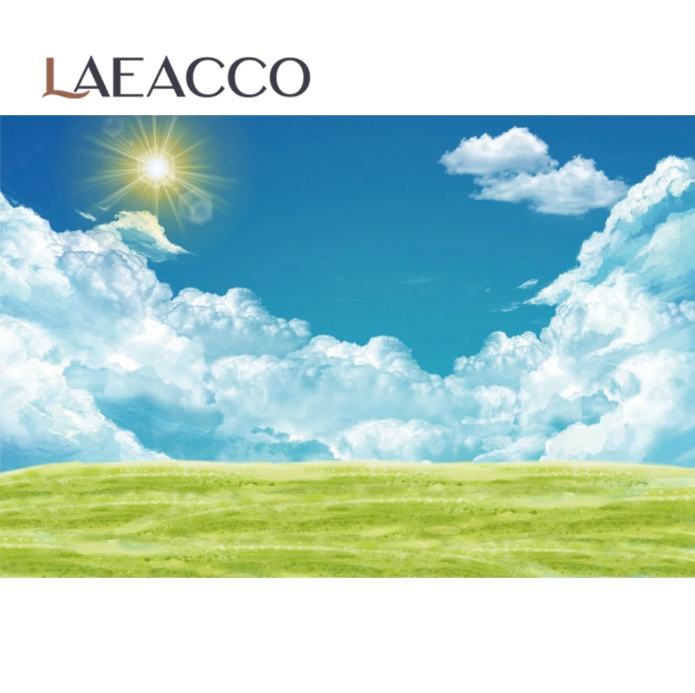 Laeacco Green Grass Lawn Blue Sky Cloudy Spring Natural Scenic Photography Backdrops Photo Backgrounds For Photo Studio