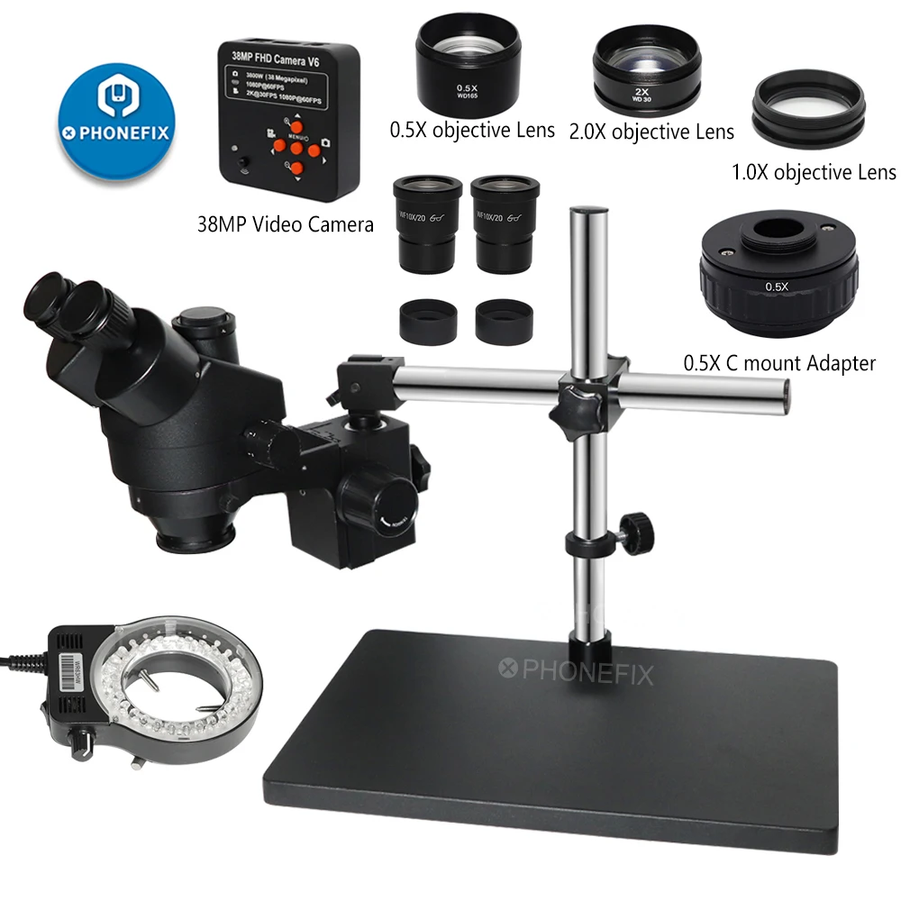 Nero 38MP HDMI Digital USB Microscopio Camera 3.5X-90X Microscopio Stereo trinoculare simul-focale saldatura PCB riparazione gioielli