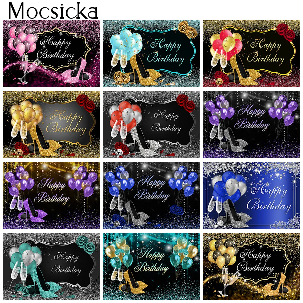 Glitter Bokeh Birthday Backdrop Girl Woman Floral Happy Birthday Party Background Decor Balloons High Heels Photography Props