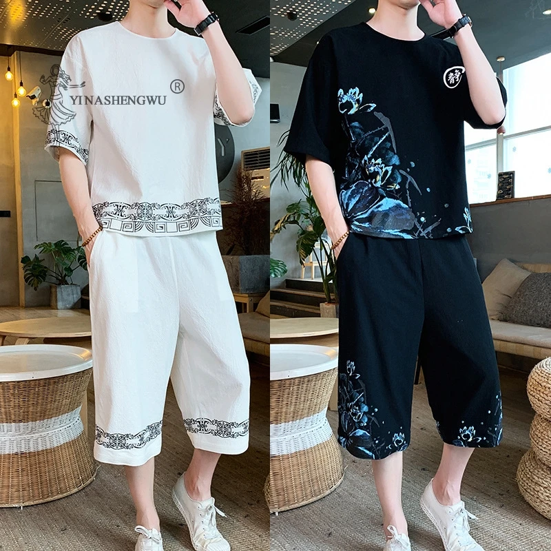 Men Kimono Short-Sleeved Shirt Pants Two Piece Suits Japanese Summer Print T-shirt Shorts Japan Harajuku Yukata Cardigan Costume