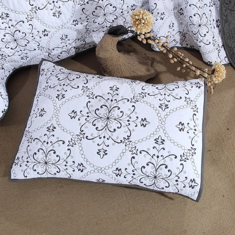 3pcs Solid Color Embroidered Cotton Quilt Set King Queen Size - All Season Quilted Bedspread Coverlet Blanket for Bed