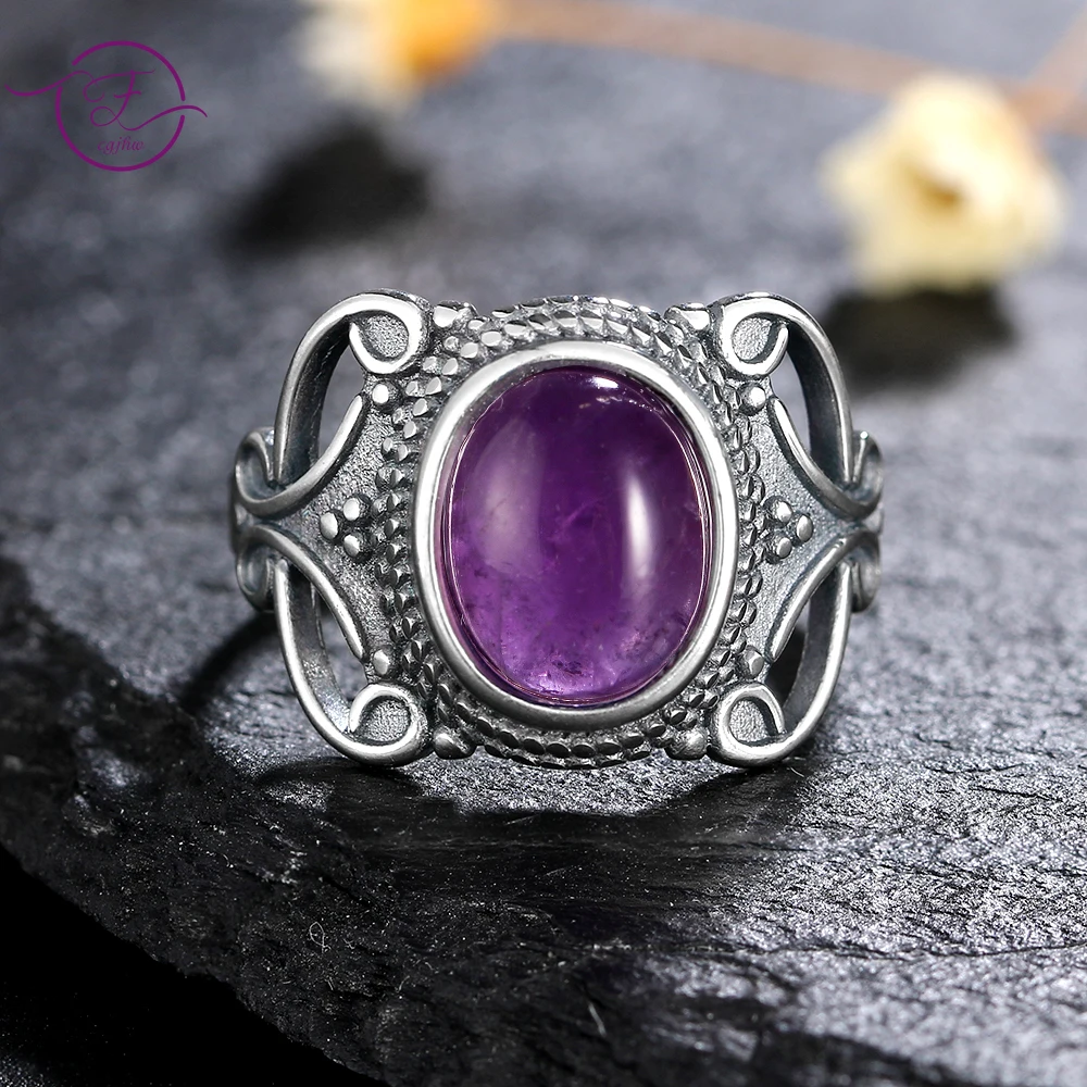 

Sterling Silver 925 Natural Amethyst New Vintage Ethnic Rings for Men Women Fine Jewelry Wholesale Party Gift