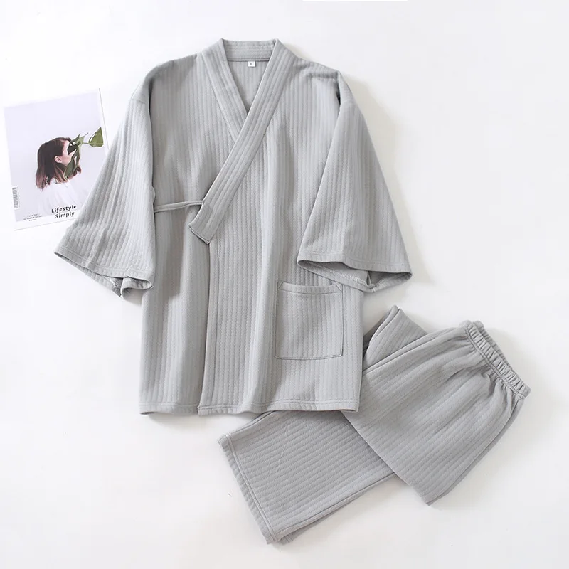 Autumn Winter Japanese Style Kimono Robe Gown Sleepwear Casual Solid 2PCS Nightwear Soft Cotton Yukata Loose Home Clothes Suit