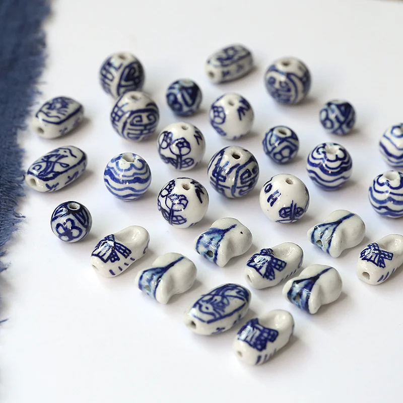 5PCS Retro Ethnic Style Ancient Flavor Blue and White Porcelain Beads Wenwan Loose Beads Literary Diy Handmade Beaded Material