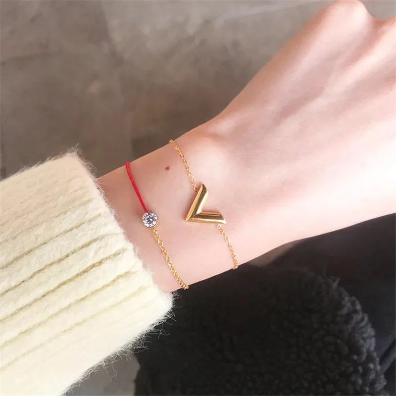 Stainless Steel Letter V Bracelets For Women Girl Gold Color Alphabet Bangle Famous Brand Jewelry Set Best Gift For Friend