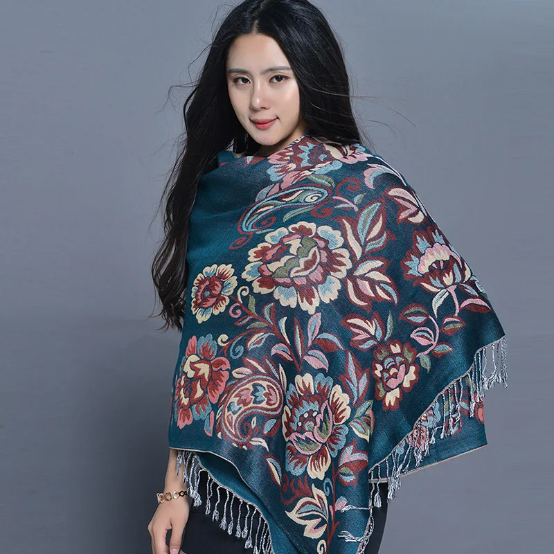 New Arrival Women Ethnic Jacquard Scarf  Flower Print Travel Bufanda Lady Air Conditioning Shawl Thickened Warm Tassel Pashmina