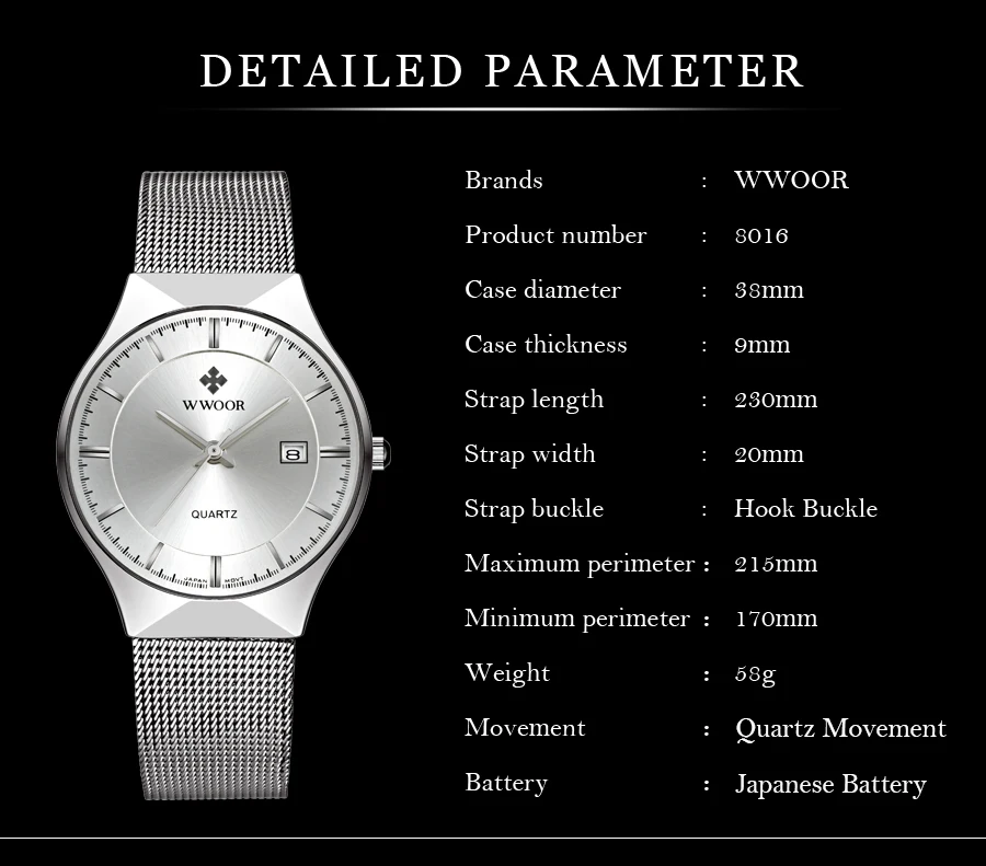 WWOOR Silver Men Watches with Mesh Steel Top Brand Luxury Ultra Thin Quartz Waterproof Date Business Wristwatch Box Montre Homme