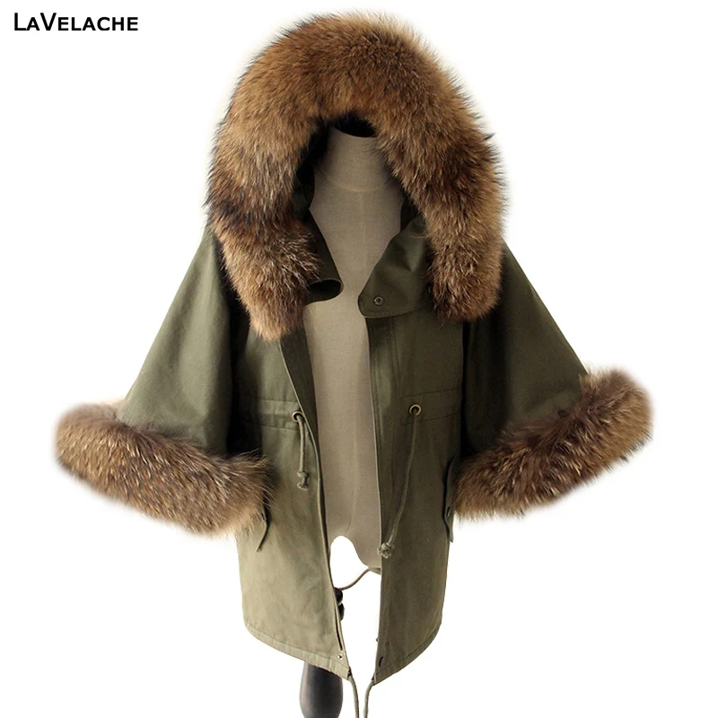 Women Winter Coat Jacket Raccoon Large Fur Collar Army Green Casual Overcoat Flare Sleeve Cloak Cotton-padded Outerwear