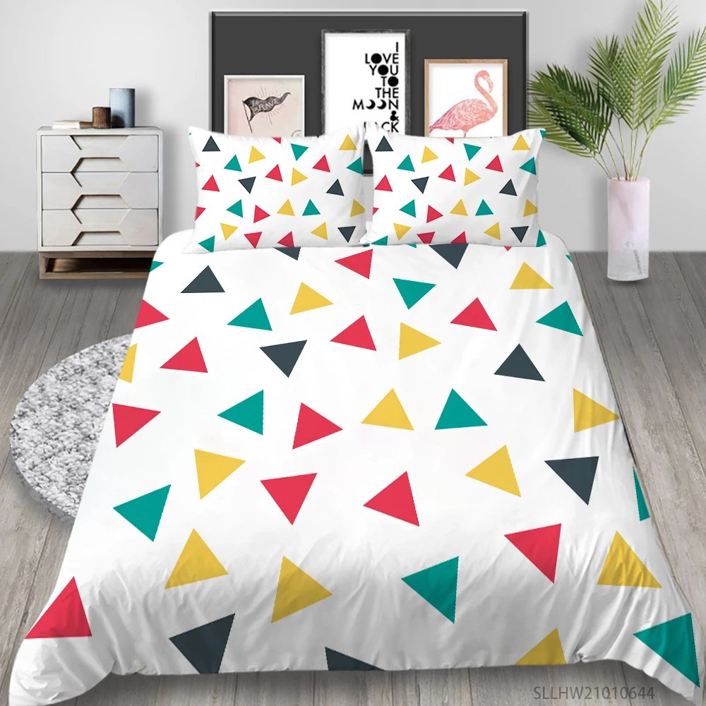 

Home Textiles 3D Triangle Printing Bed Set Cover Queen King Single Size Bedding Set Cute White Quilt Cover Set