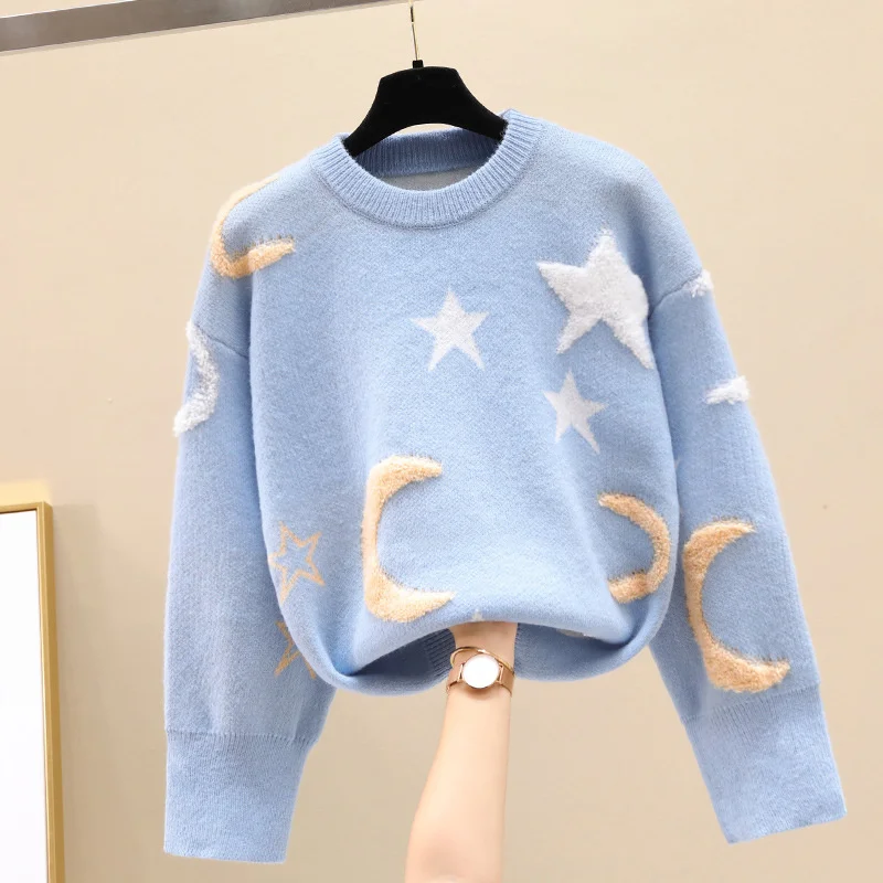 Korean Fashion Moon Stars Loose Sweater Women 2024 New Autumn Winter Pullovers Female Knitwear Casual Jumper Fall Knit Clothes