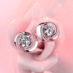 Huitan Simple Silver Color Stud Earrings with Round Cubic Zirconia Low-key Wedding Women Earrings Fancy Girl Gift Trendy Jewelry