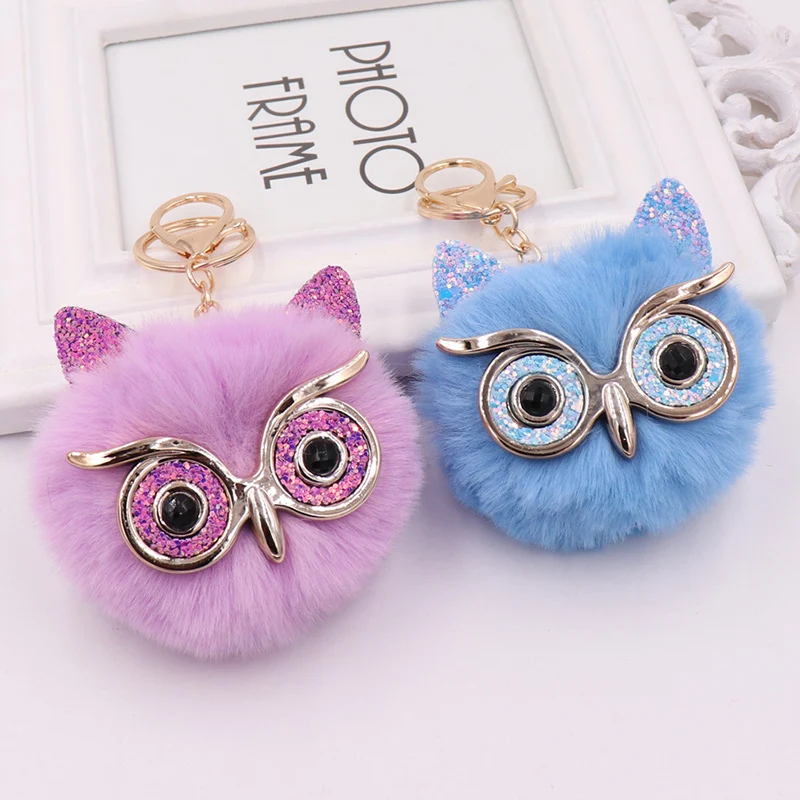 Lovely Sequin Ear Owl Keychains For Girls Boy Fluffy Fake Animal Fur Ball Pompon Key Chain Charm Women Bag Key Ring Teacher Gift