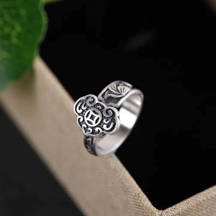 S925  silver retro fashion wishful ingot pattern exaggerated temperament opening adjustable women's ring