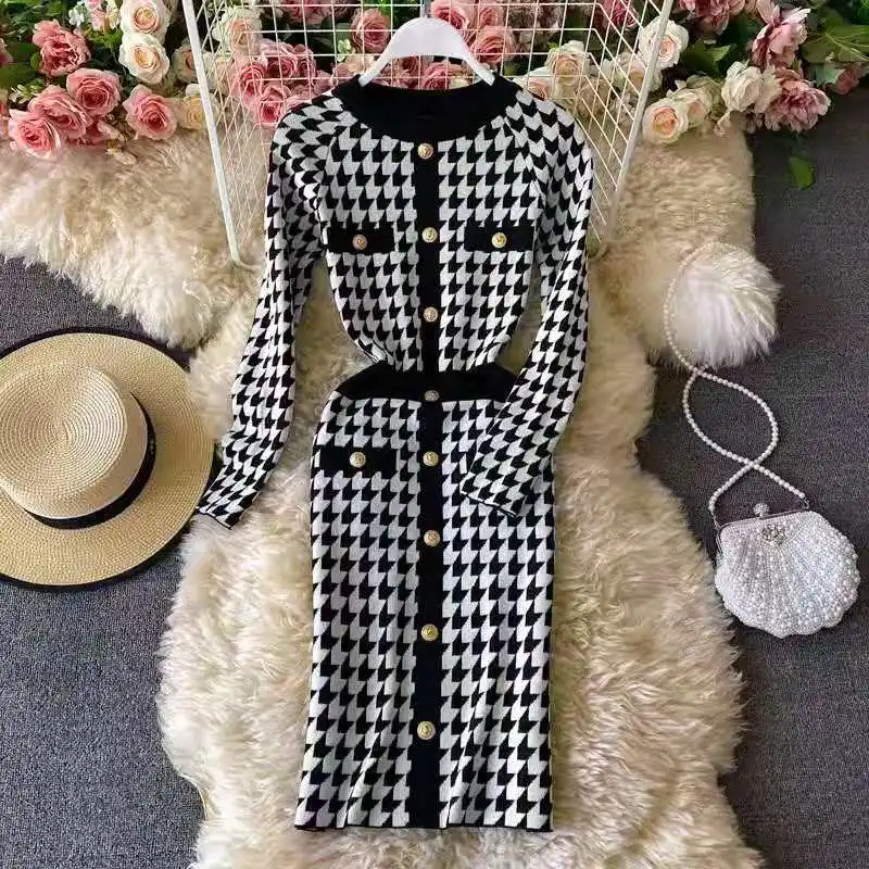 

Fall fashion vintage knit sweater robe work clothes winter tight plaid dress