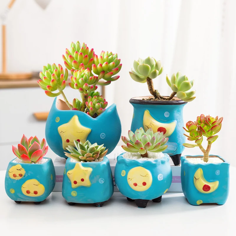 

Handmade Thick Ceramic Succulent Flower Pot Creative Breathable Stars And Moon Cartoon Shape Micro Landscape Home Decoration